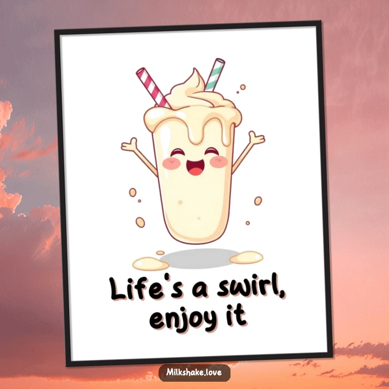 Funny Free Printable Wall Art: An ecstatic milkshake in a celebratory spin, dripping happily, bringing vibrant and cheerful energy to any room.