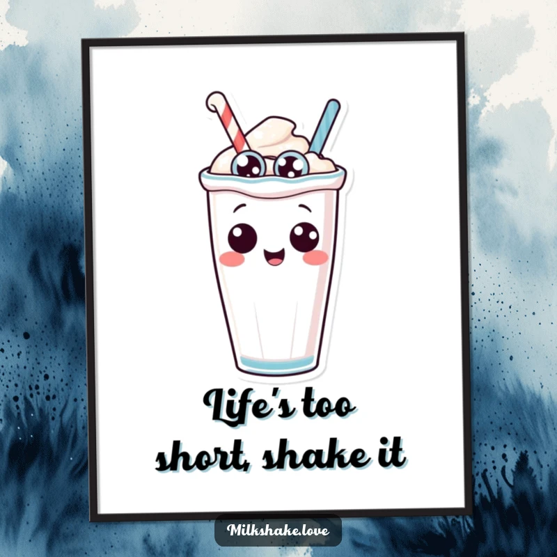 Funny Free Printable Wall Art: An anthropomorphic milkshake with silly eyes tipping over playfully, a fun downloadable.