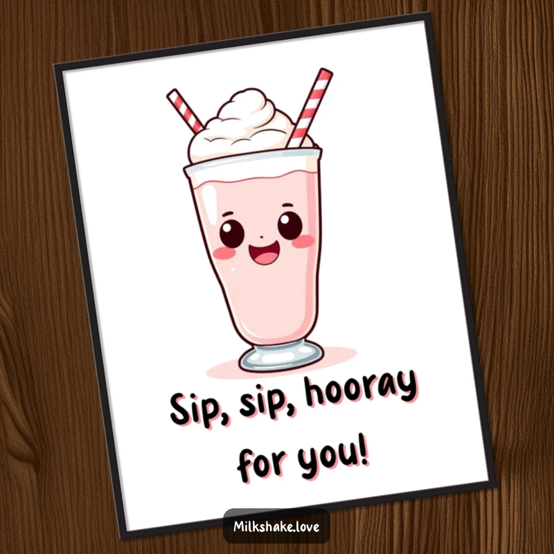Funny Free Printable Wall Art: A cheerful Kawaii milkshake character with a huge smile taking a large, satisfying sip.