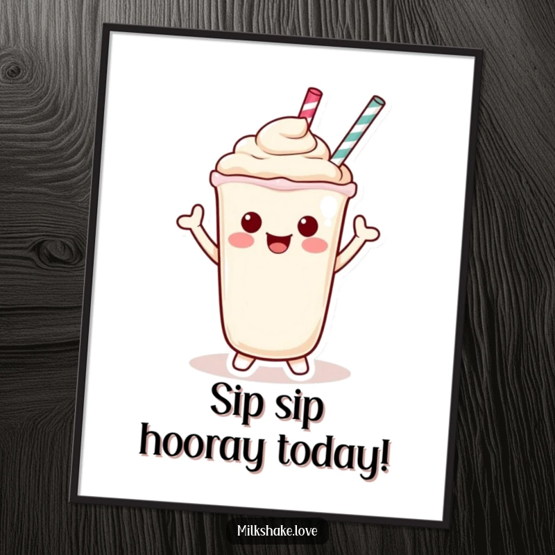 Funny Free Printable Wall Art: A cute Kawaii milkshake character happily waves with its straw, radiating friendliness.