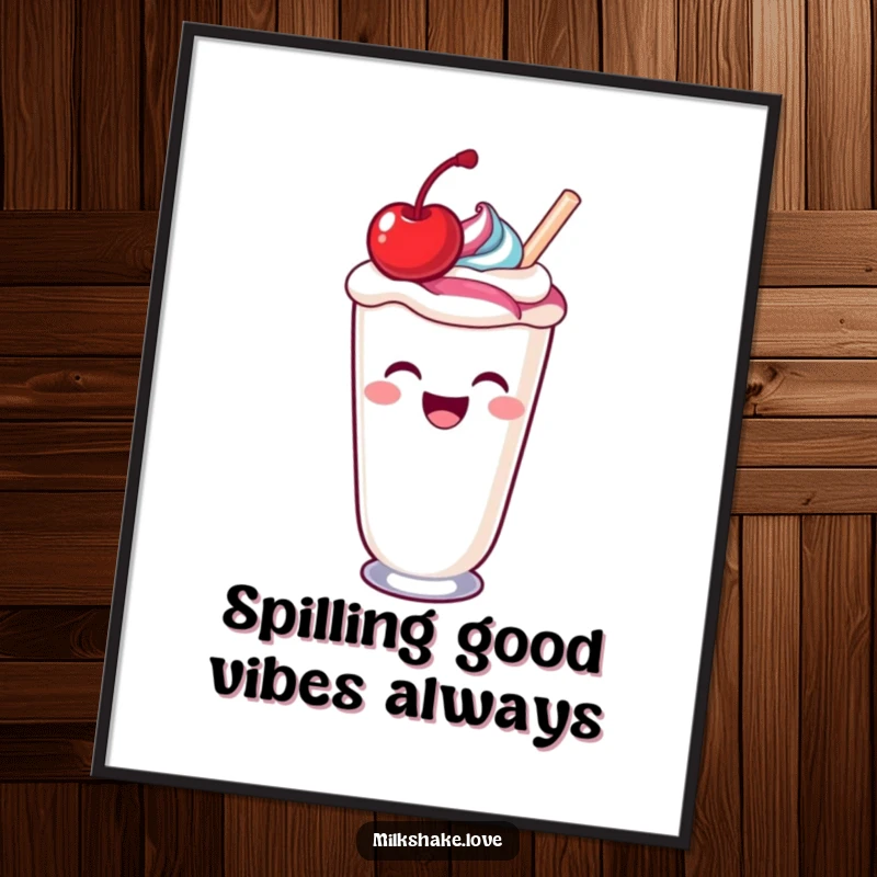 Funny Free Printable Wall Art: A laughing kawaii milkshake with a cherry on top spills a colorful swirl, exuding pure joy.