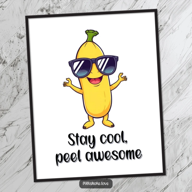 Funny Free Printable Wall Art: Giggling banana in oversized sunglasses striking a disco pose, funky decor.