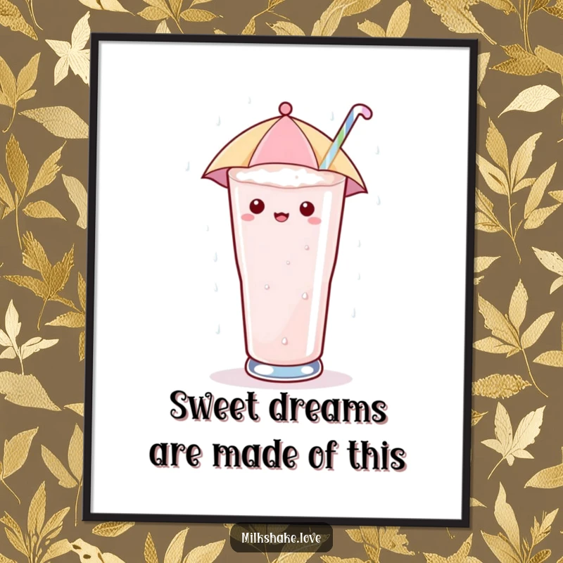 Funny free printable wall art: a kawaii milkshake with an umbrella happily enjoys a delightful sugary rain.