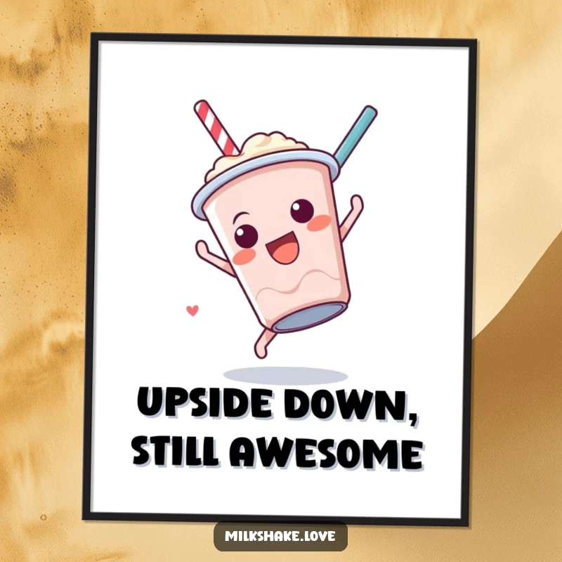 Funny Free Printable Wall Art: A small, anthropomorphic milkshake cup is captured mid-somersault in a playful pose.