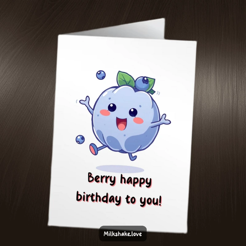 Funny Free Printable Birthday Card: A plump blueberry character gleefully bouncing like a ball, ready to party.