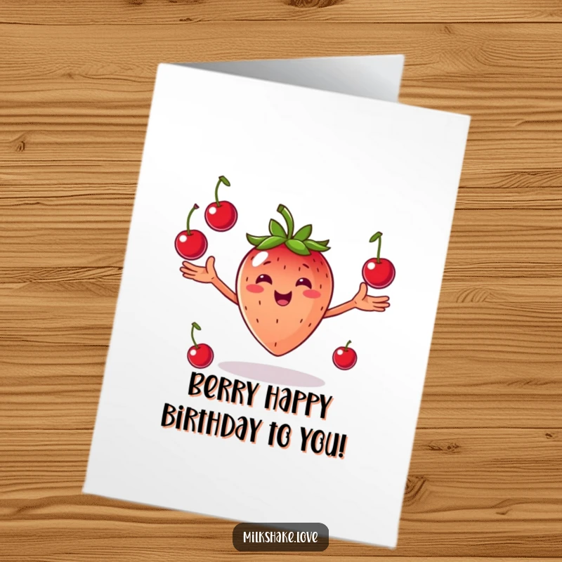Funny Free Printable Birthday Card: A smiling strawberry with arms outstretched joyfully juggling bright red cherries.