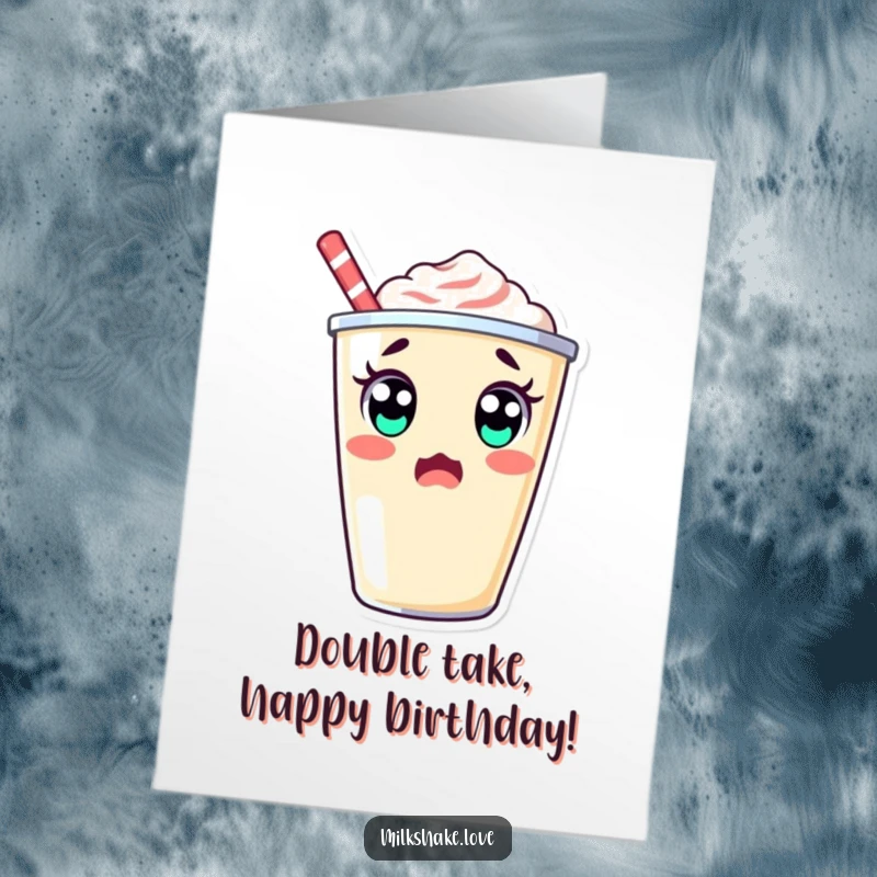 Funny Free Printable Birthday Card: A surprised kawaii milkshake cup does a double take with big eyes, reacting to a birthday surprise.