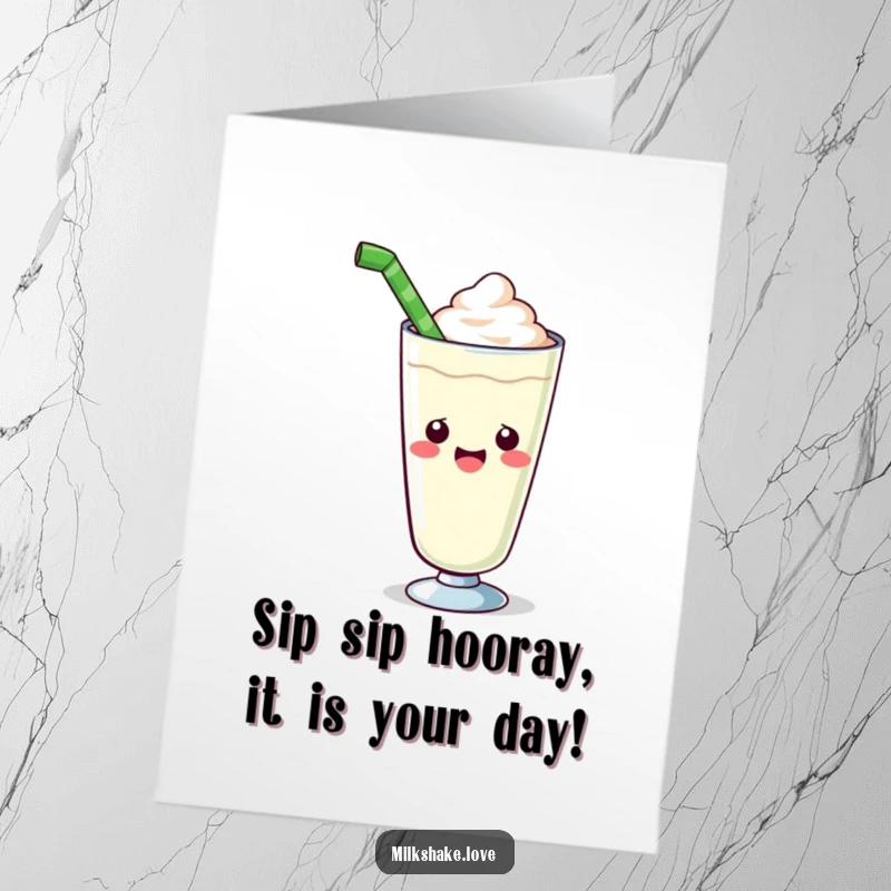 Funny Free Printable Birthday Card: A kawaii milkshake glass enthusiastically offering a comically giant straw.