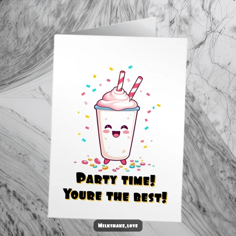 Funny Free Printable Birthday Card: A happy milkshake cup character spilling a cascade of confetti.