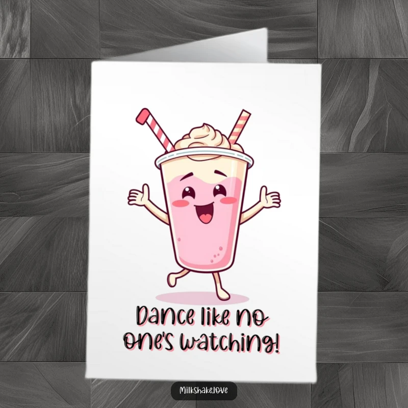 Funny Free Printable Birthday Card: A milkshake cup character doing a silly, energetic dance with glee.