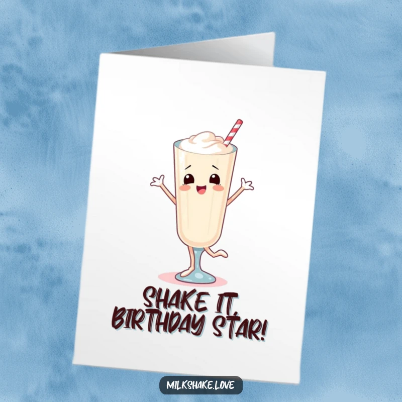 Funny Free Printable birthday card of a milkshake with legs doing a joyful bouncy dance, ready to party.