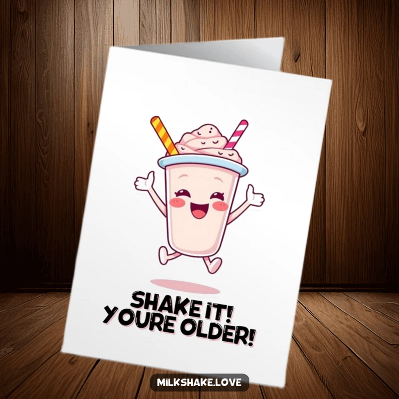 Funny Free Printable Birthday Card: A jubilant milkshake cup character leaping with excitement, ready to celebrate.