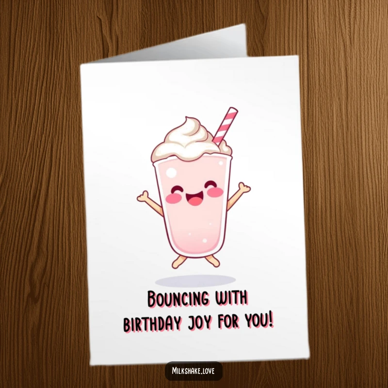 Funny Free Printable Birthday Card: A kawaii milkshake character joyfully bouncing with sprinkles flying, spreading birthday cheer.