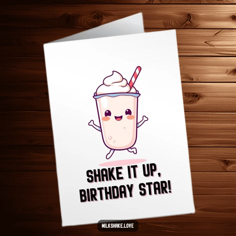 Funny Free Printable Birthday Card: Energetic Kawaii milkshake doing a joyful bounce, radiating happiness.
