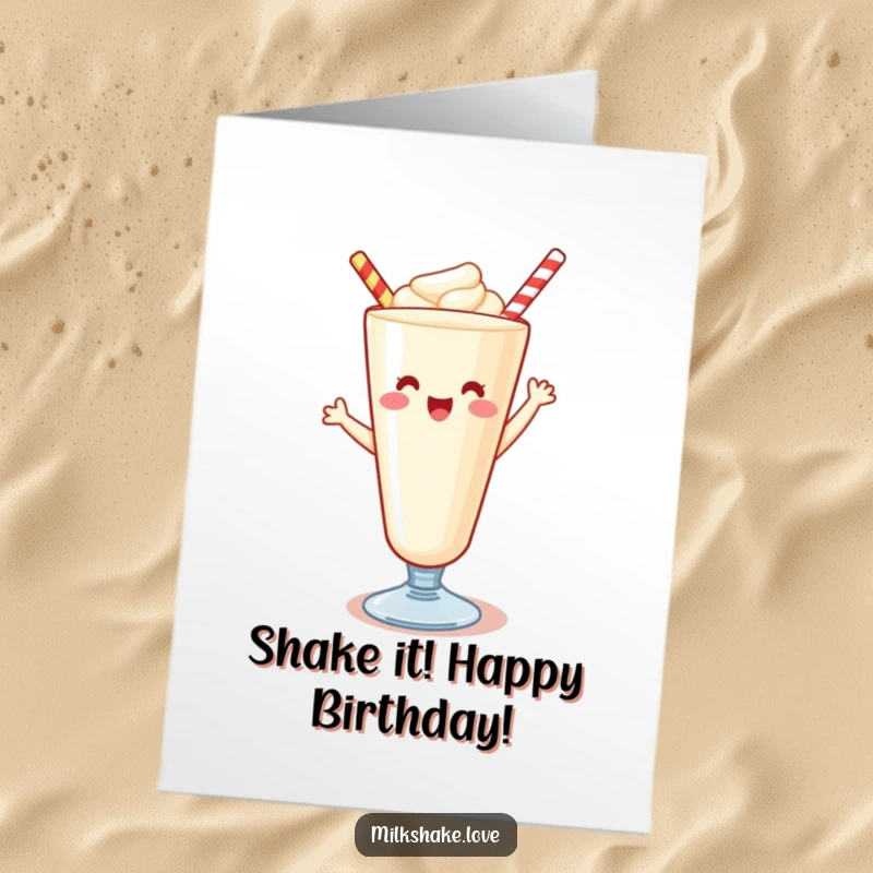 Funny Free Printable Birthday Card featuring a delighted Kawaii milkshake joyfully dancing in a tall glass.