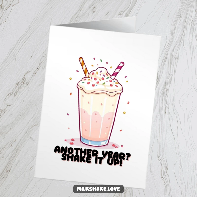 Funny Free Printable Birthday Card: A happy milkshake expertly juggling tiny colorful sprinkles on its bubbly top.