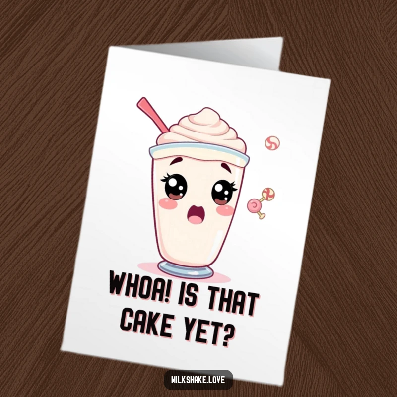 Funny Free Printable Birthday Card: Surprised milkshake with wide eyes watches a candy float by, perfect for funny gifts.