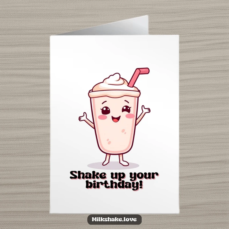 Funny Free Printable Birthday Card: A smiling milkshake with a straw happily dances to celebrate a birthday.