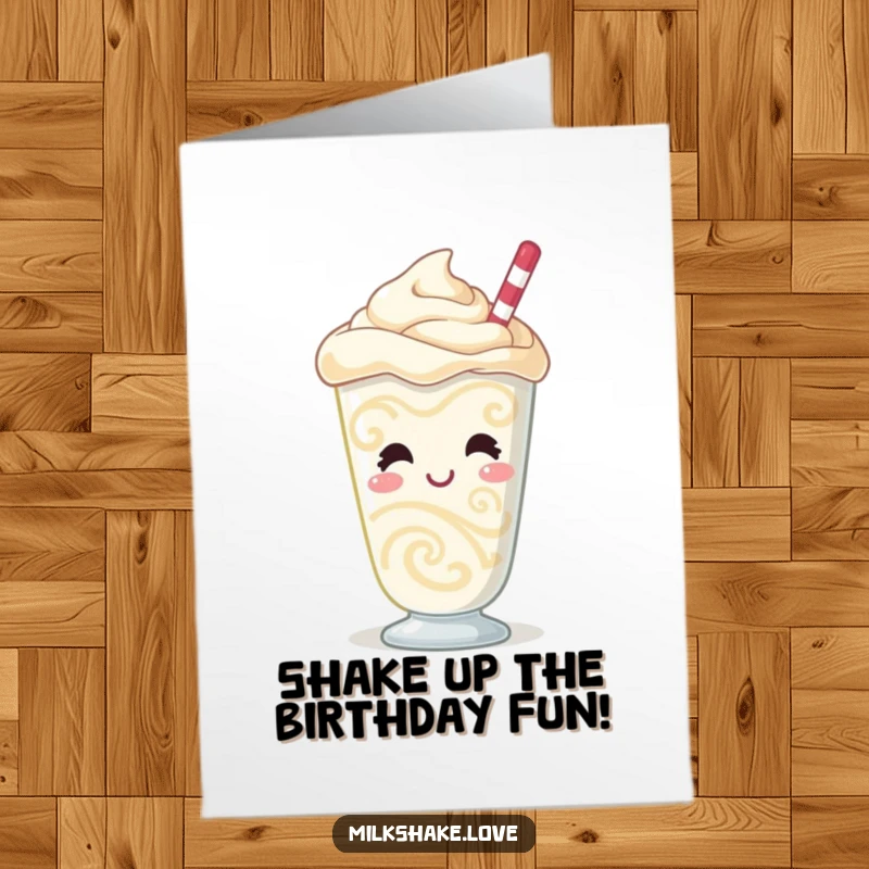 Funny free printable birthday card of a giggling milkshake character with colorful swirls and a bubbly, joyful expression.