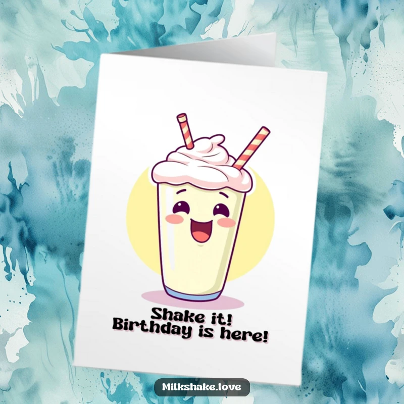 Funny Free Printable Birthday Card of a giggling kawaii milkshake pointing up with excitement, ready to party.