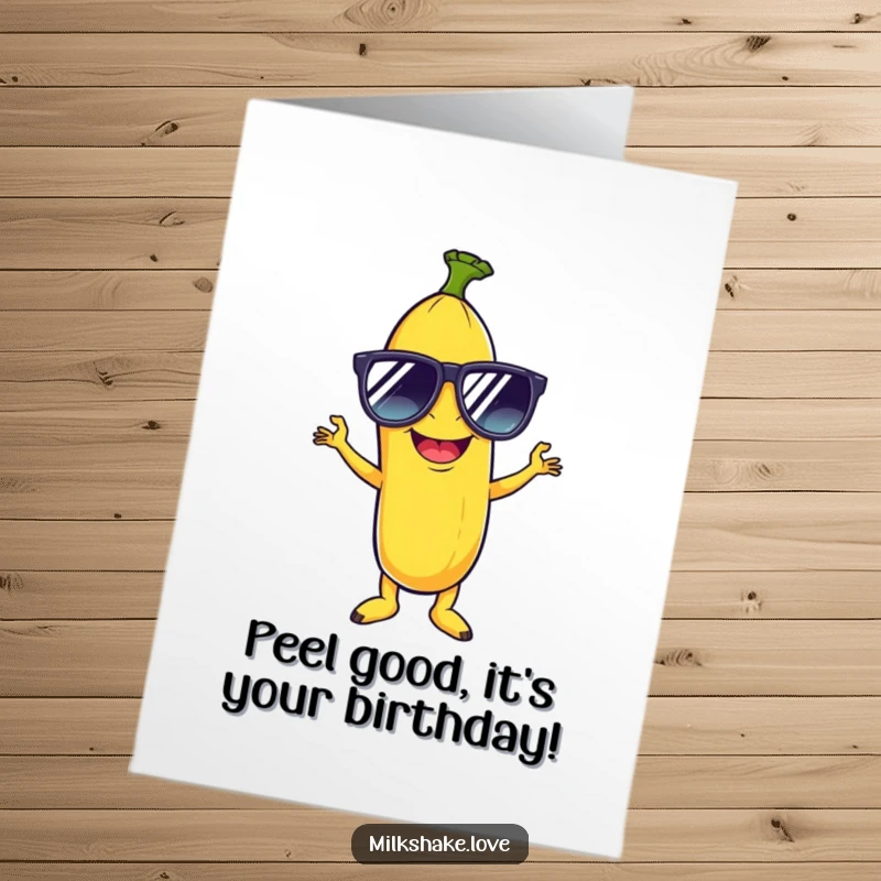 Funny Free Printable Birthday Card: Giggling banana in sunglasses disco dancing, sending happy birthday vibes.