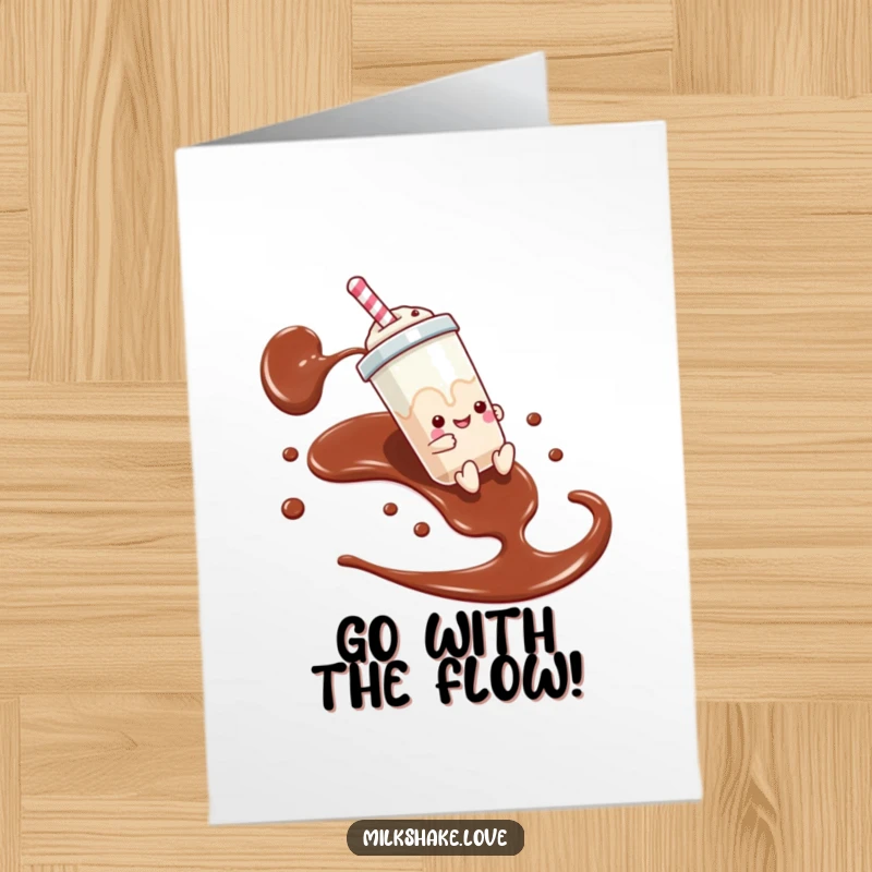 Funny Free Printable Birthday Card: An anthropomorphic milkshake gleefully slides down a chocolate syrup stream, celebrating a birthday.