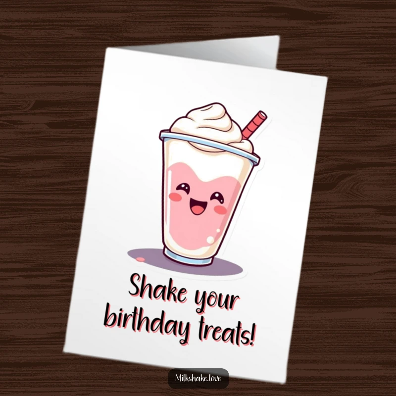 Funny Free Printable Birthday Card: A smiling milkshake cup doing a cheerful spin, ready for celebration.