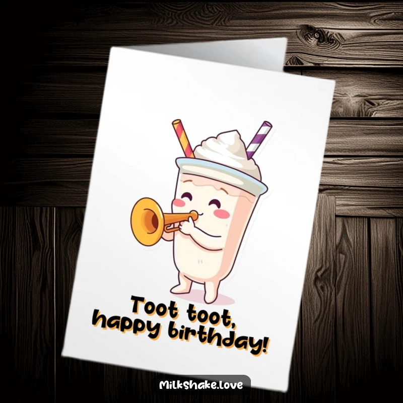 Funny Free Printable Birthday Card featuring a milkshake cup character energetically playing a tiny trumpet.