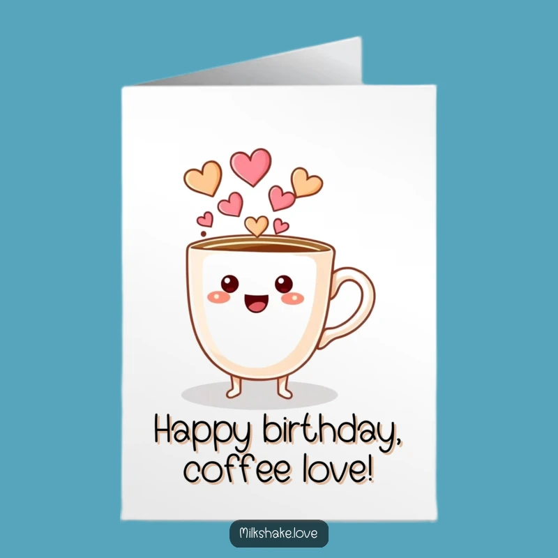 Free Printable Birthday Card: Coffee Hearts, Funny Cup Character, Downloadable Gift