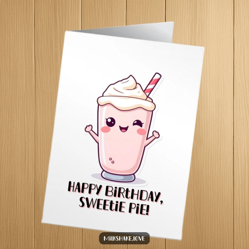 Funny Free Printable Birthday Card featuring a kawaii milkshake character with a big, sweet smile peeking out from its glass.