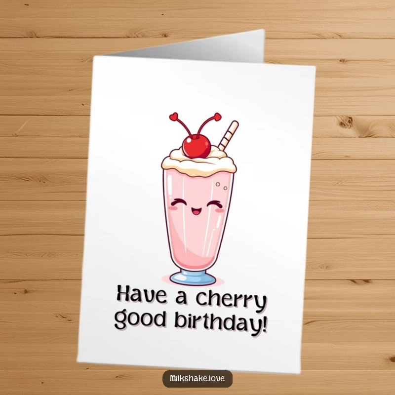 Funny Free Printable Birthday Card featuring a charming Kawaii milkshake with a cherry on top, giving a playful wink.