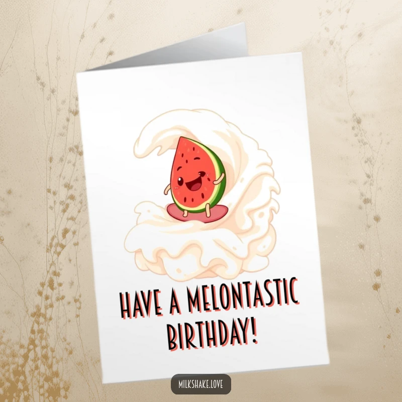 Funny Free Printable Birthday Card: A happy watermelon slice joyfully surfing a giant whipped cream wave, celebrating big.