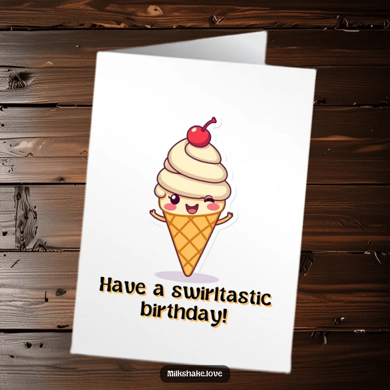 Funny Free Printable Ice Cream Birthday Card: Cheerful ice cream cone with a cherry on top spinning joyfully, radiating birthday cheer.