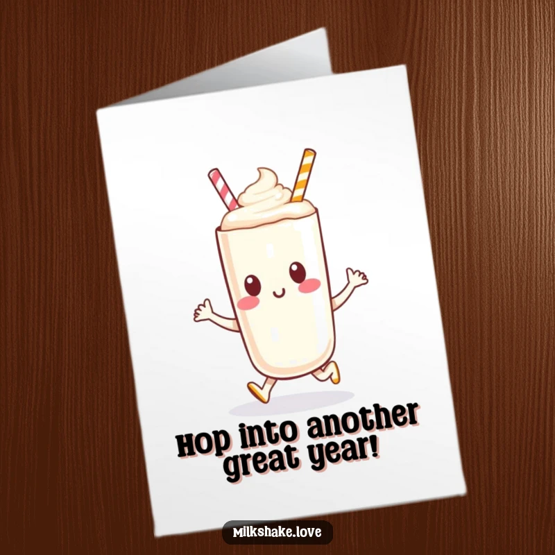 Funny free printable birthday card showing an anthropomorphic milkshake character enthusiastically doing a happy little hop.