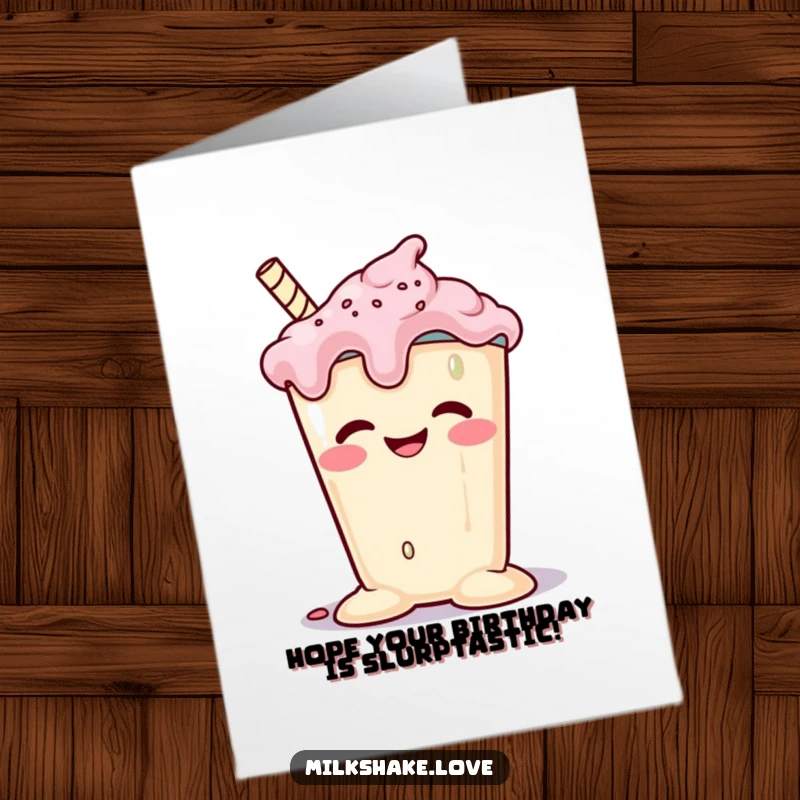 Funny free printable birthday card: A melting milkshake with a goofy grin slumping happily.