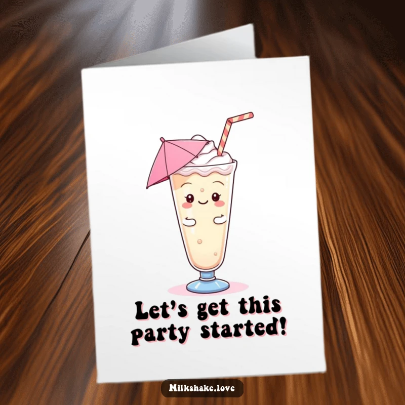 Funny Free Printable Birthday Card: Kawaii milkshake with a tiny umbrella on its head doing a wacky, silly dance jig.