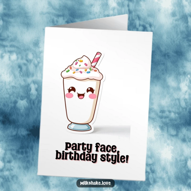 Funny Free Printable Birthday Card: Kawaii milkshake making a comical face with wobbly sprinkles, pure silliness.