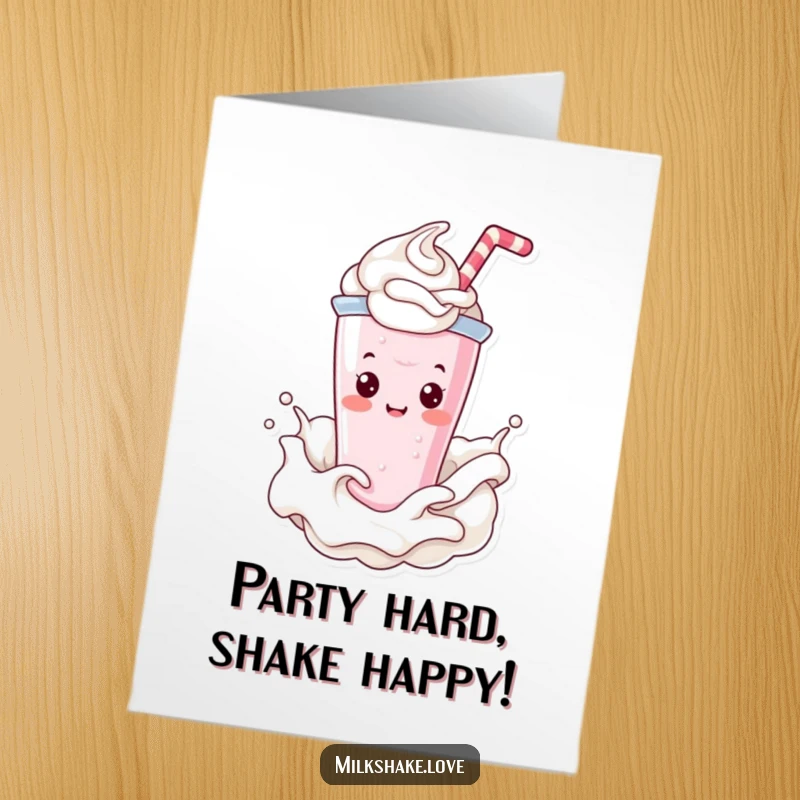 Funny Free Printable Birthday Card: A happy Kawaii milkshake character joyfully splashes through a large swirl of whipped cream.