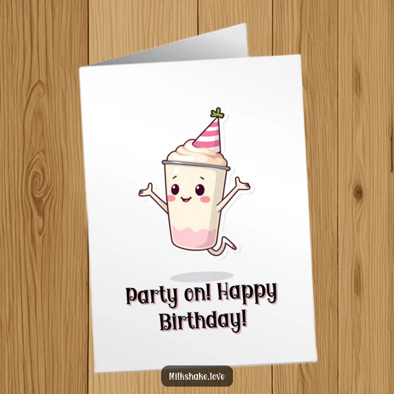 Funny Free Printable Birthday Card: A milkshake cup in a party hat performing an enthusiastic cartwheel.