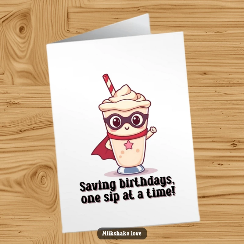 Funny Free Printable Birthday Card: Kawaii milkshake in a cup dressed as a superhero, ready to save the day with a smile.