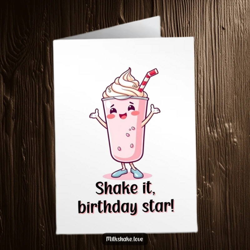 Funny Free Printable Birthday Card: A dancing kawaii milkshake with whipped cream doing a joyful happy shimmy dance.