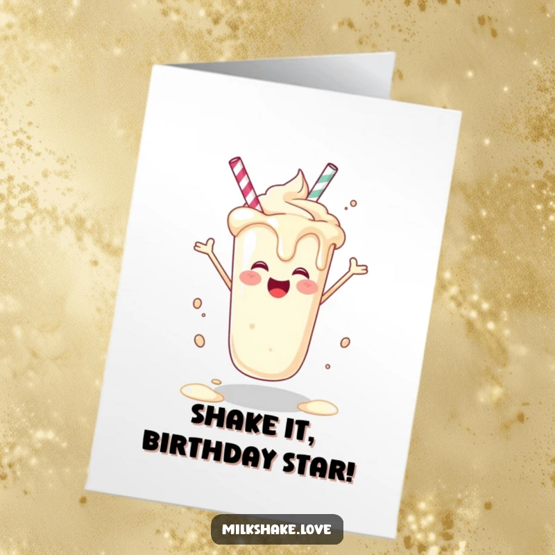 Funny Free Printable Birthday Card: A happy milkshake in mid-spin, dripping with joy and festive spirit, ready to party.