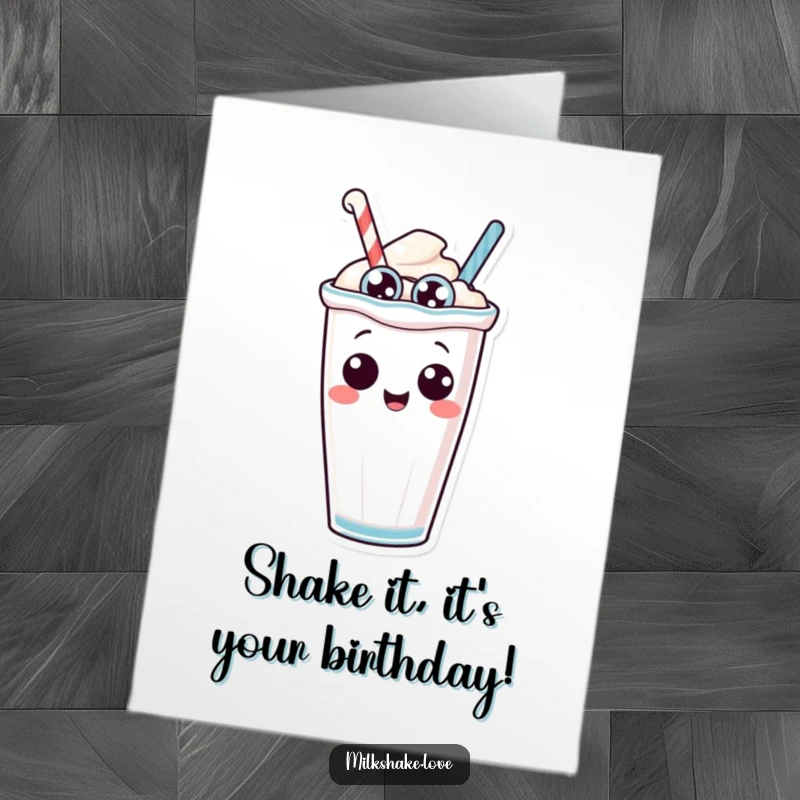 Funny Free Printable Birthday Card: A cheerful anthropomorphic milkshake with googly eyes tipping over playfully, downloadable.