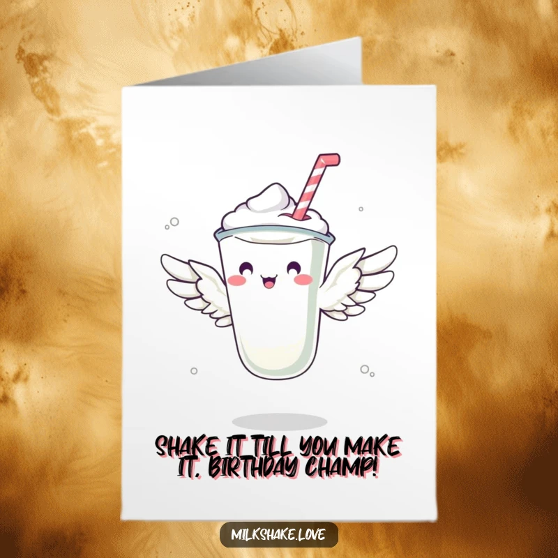 Funny Free Printable Birthday Card: A tiny winged milkshake comically tries to fly, bringing birthday cheer.