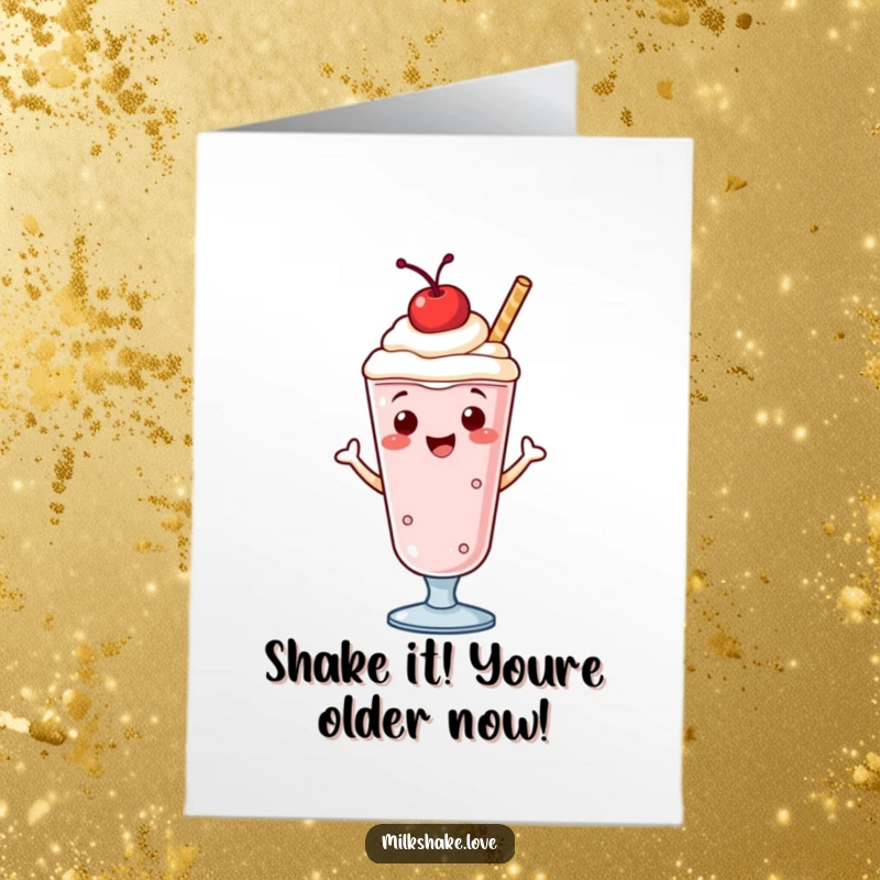 Funny Free Printable Birthday Card: A joyful milkshake with a cherry on top, performing a lively jig, ready to celebrate.