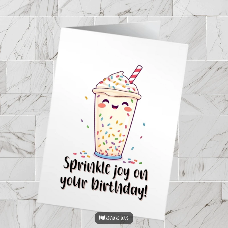Funny Free Printable Birthday Card featuring a joyful milkshake cup with colorful sprinkles raining down.