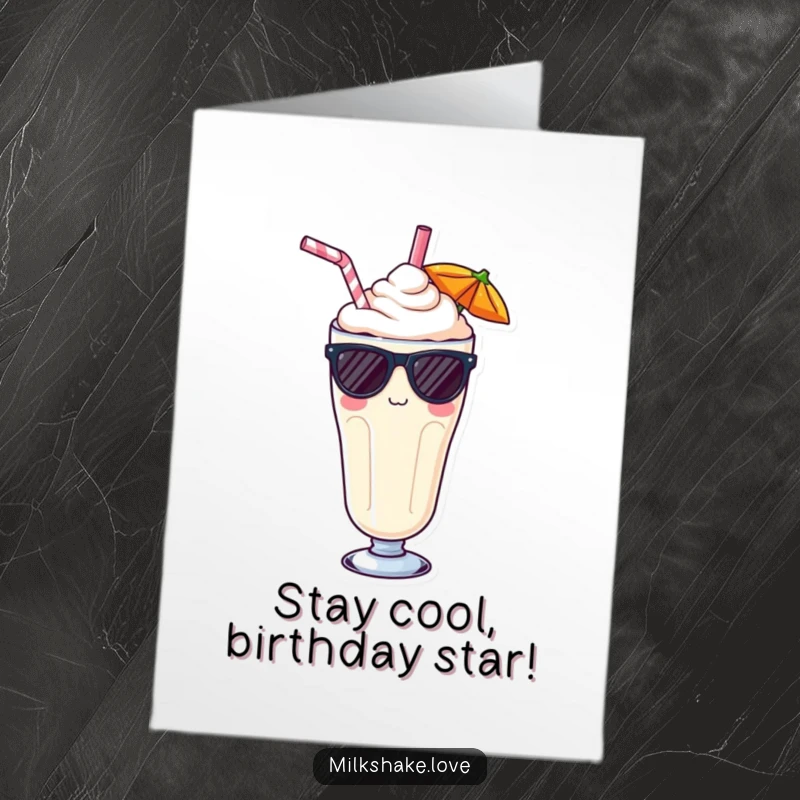 Funny Free Printable Birthday Card featuring a Kawaii milkshake with a straw wearing cool sunglasses, looking effortlessly stylish.