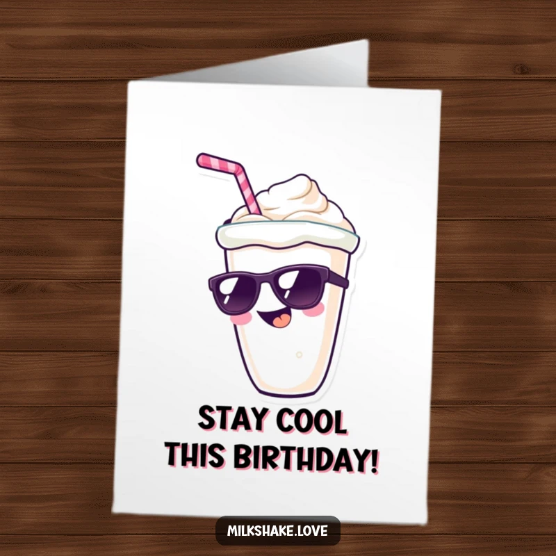Funny Free Printable Birthday Card: A kawaii milkshake character wearing sunglasses with a wide, cool grin, downloadable.