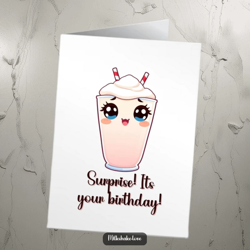 Funny Free Printable Kawaii Milkshake Birthday Card: character peeking with wide surprise, perfect for a fun reveal.