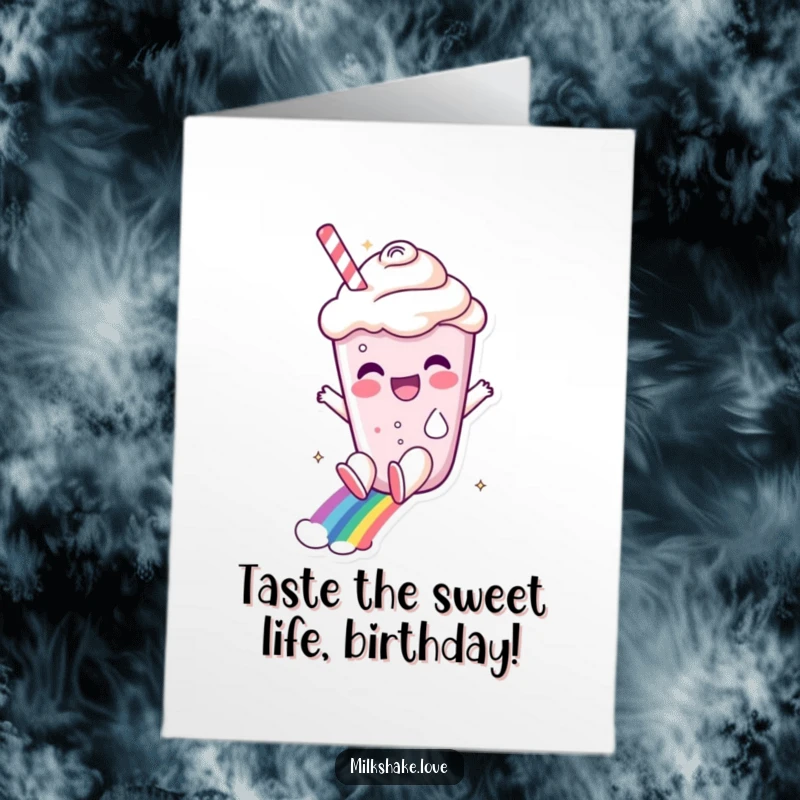 Funny free printable birthday card featuring a giddy milkshake character joyfully sliding down a vibrant rainbow.